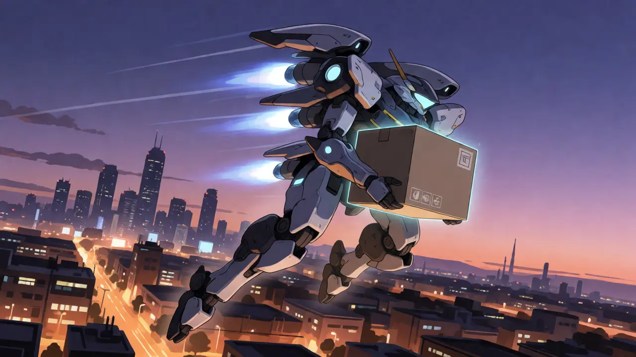Cybernetic courier delivering medication package over a city at dusk