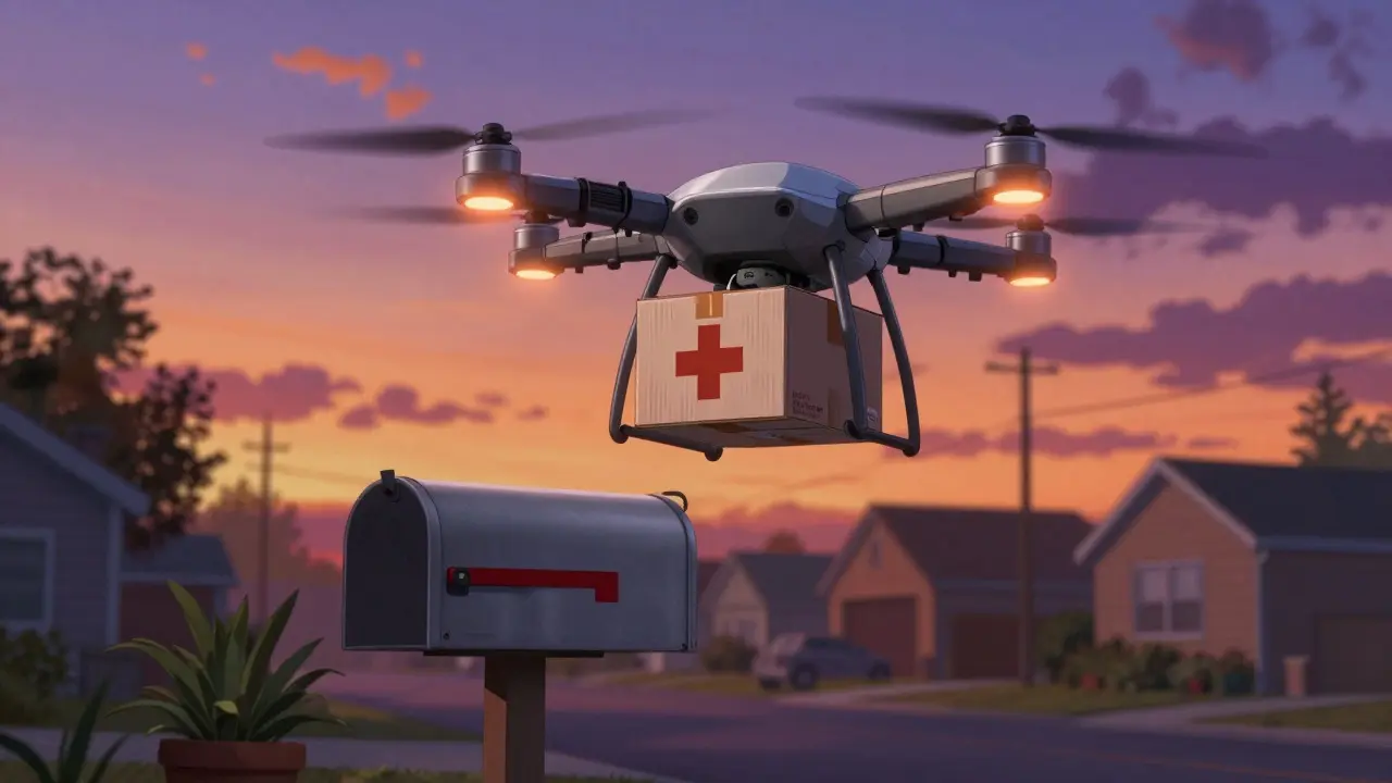 Delivery drone dropping a medication package near a mailbox