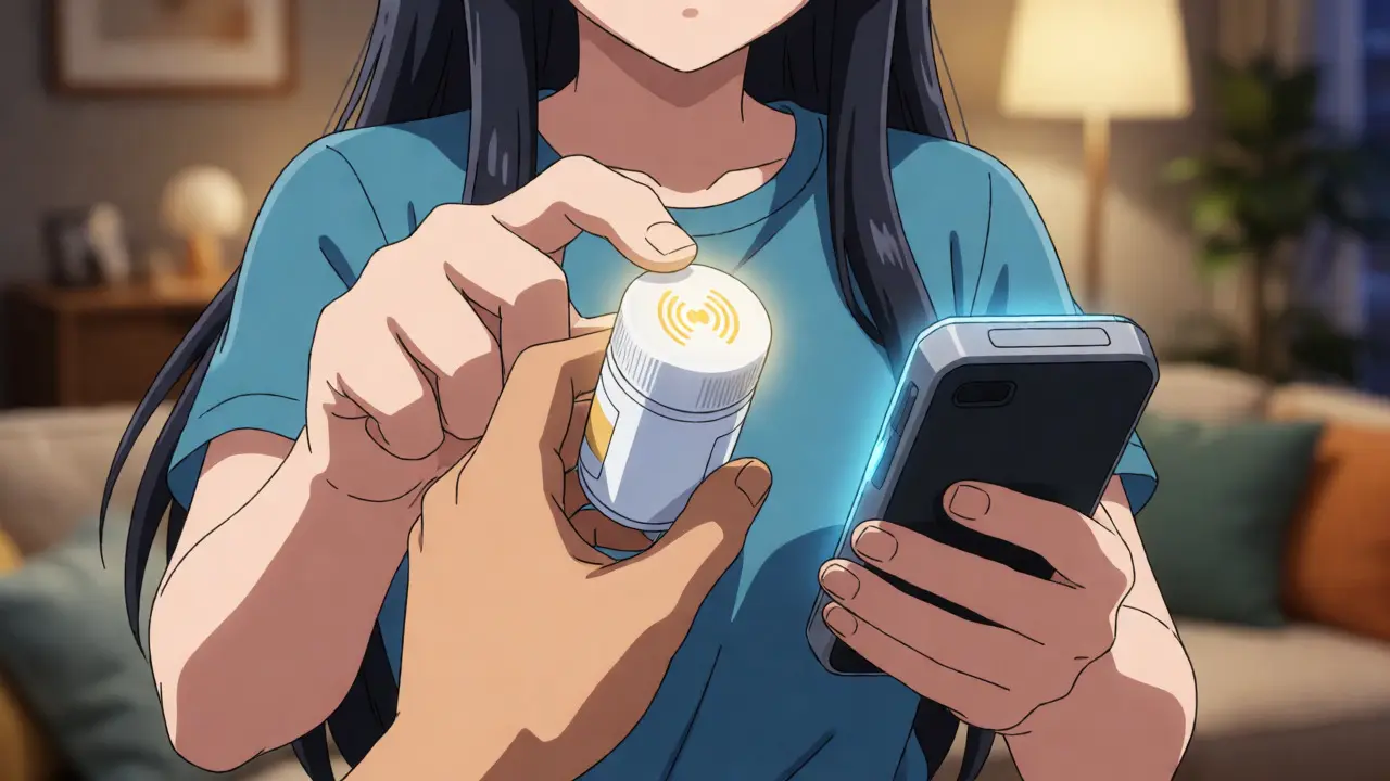 Hand connecting a smart pill cap to a device with wireless light effects