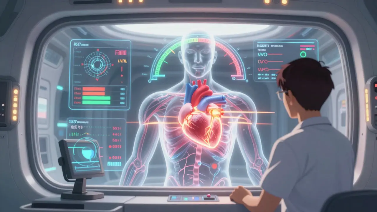 High-tech medical cockpit monitoring heart rhythm and risk factors