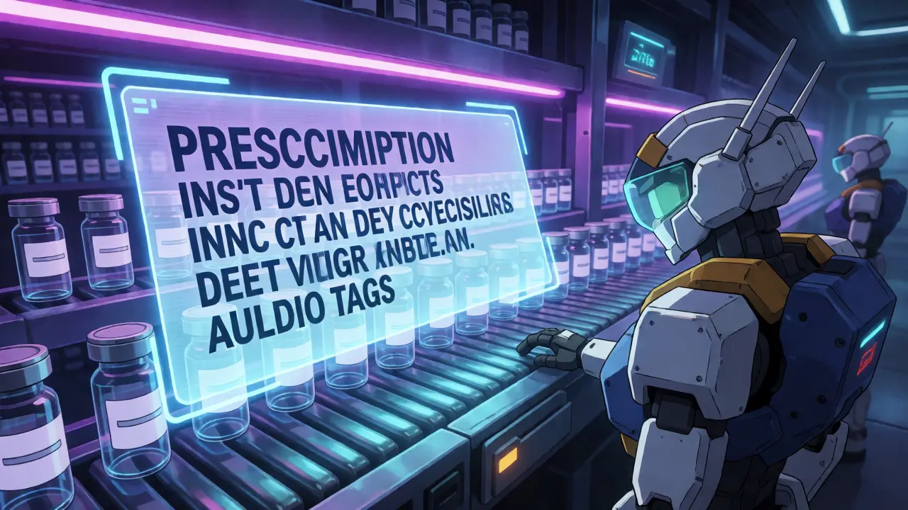 Holographic prescription details displayed in a high-tech pharmacy lab