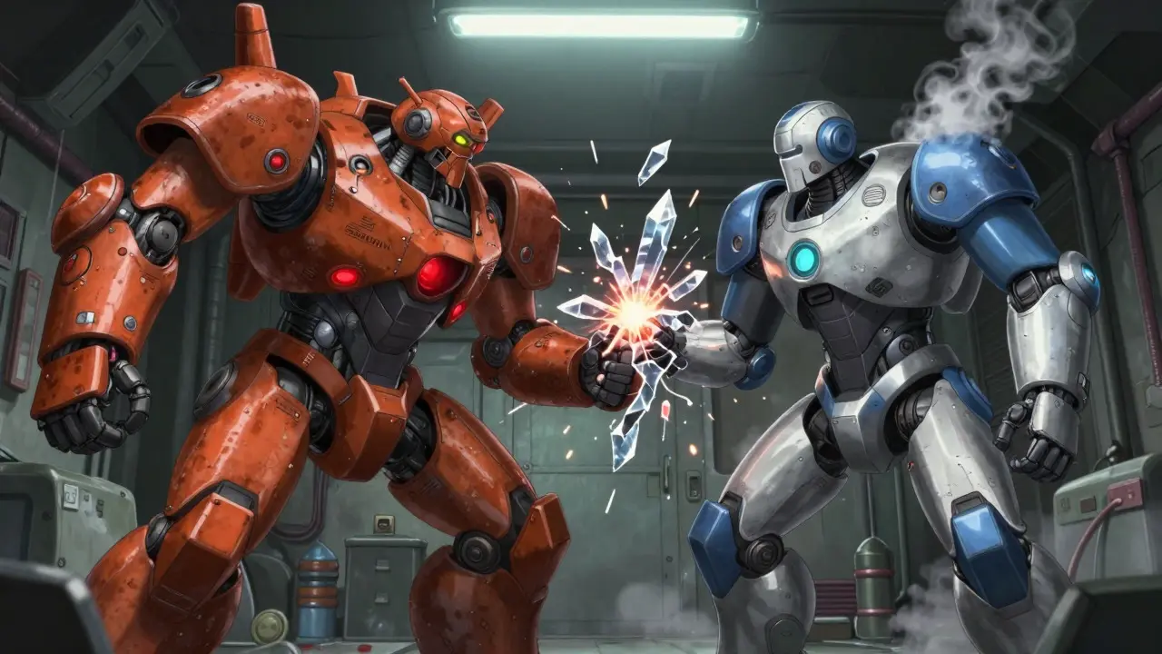 Mecha anime art depicting a clash between an inflammatory mech and a medical support unit
