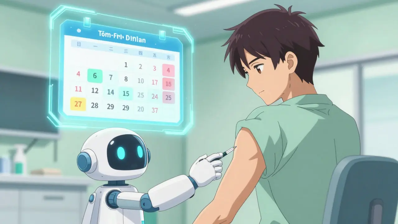 Medical robot administering vaccine to patient in a bright clinic