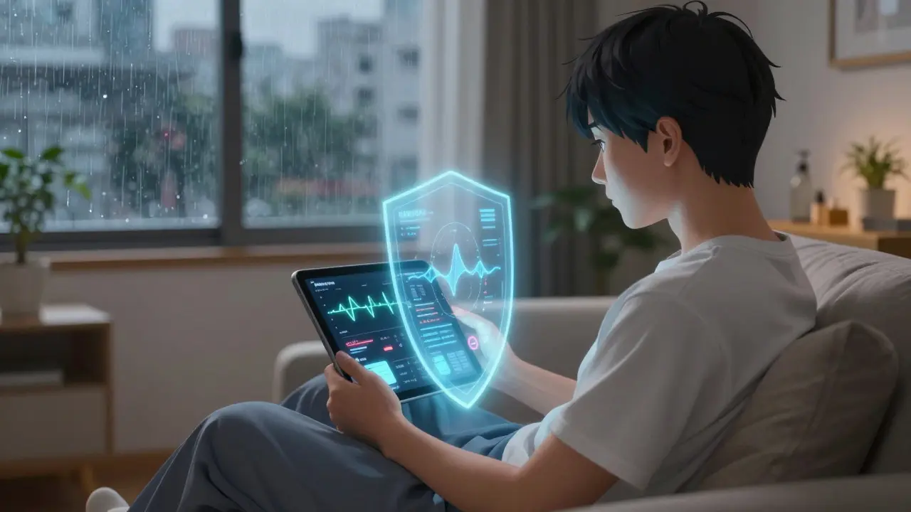 Patient at home monitoring health with a protective energy shield