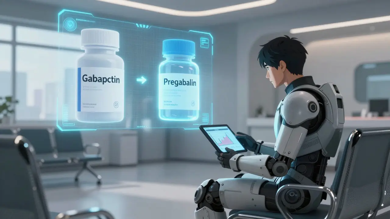 Patient in exoskeleton considering medication costs and efficacy on a hologram.