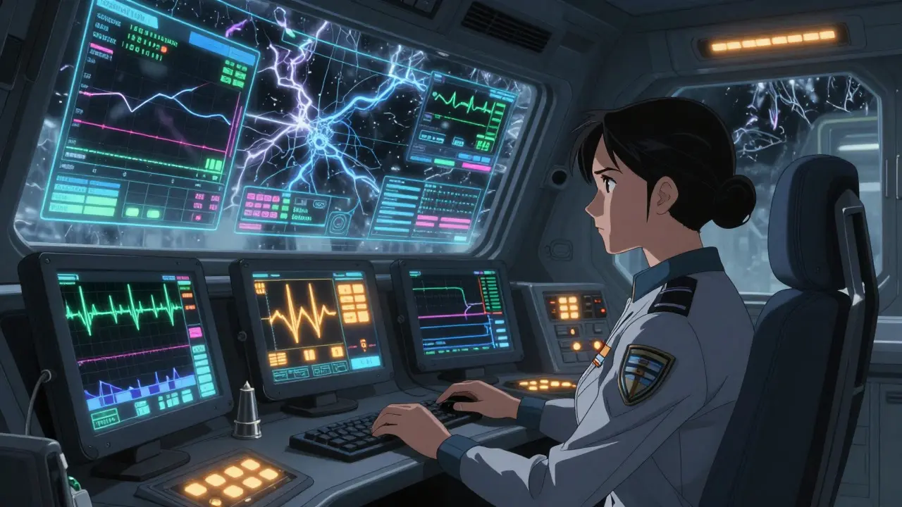 Pilot in mecha cockpit monitoring critical ECG alerts and electrolyte data