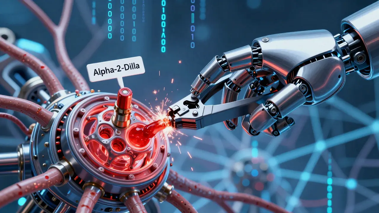 Robotic hand clamping a neural valve to block pain signals in mecha anime style.