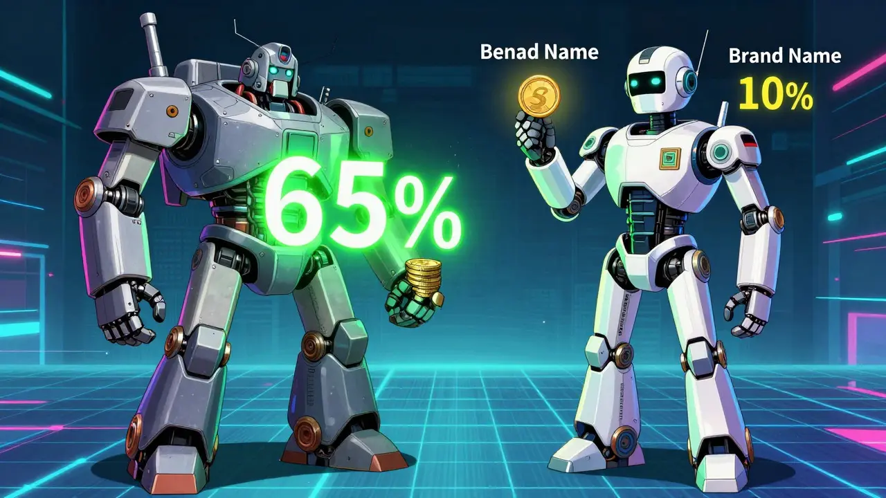 Robots representing generic vs brand name drug discounts showing savings gap
