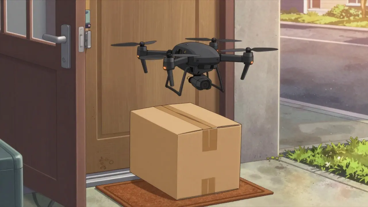 Small drone delivering a plain package to a home in an anime style