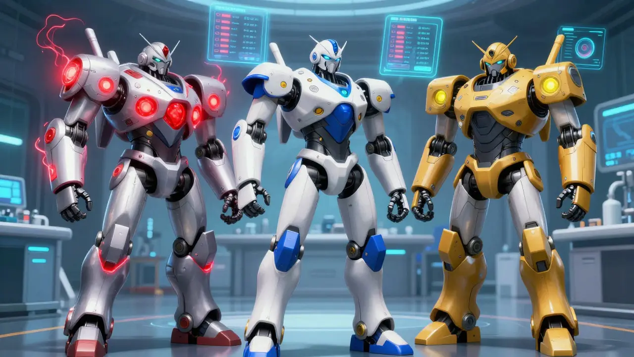 Three mecha robots representing different macrolide antibiotics in a lab