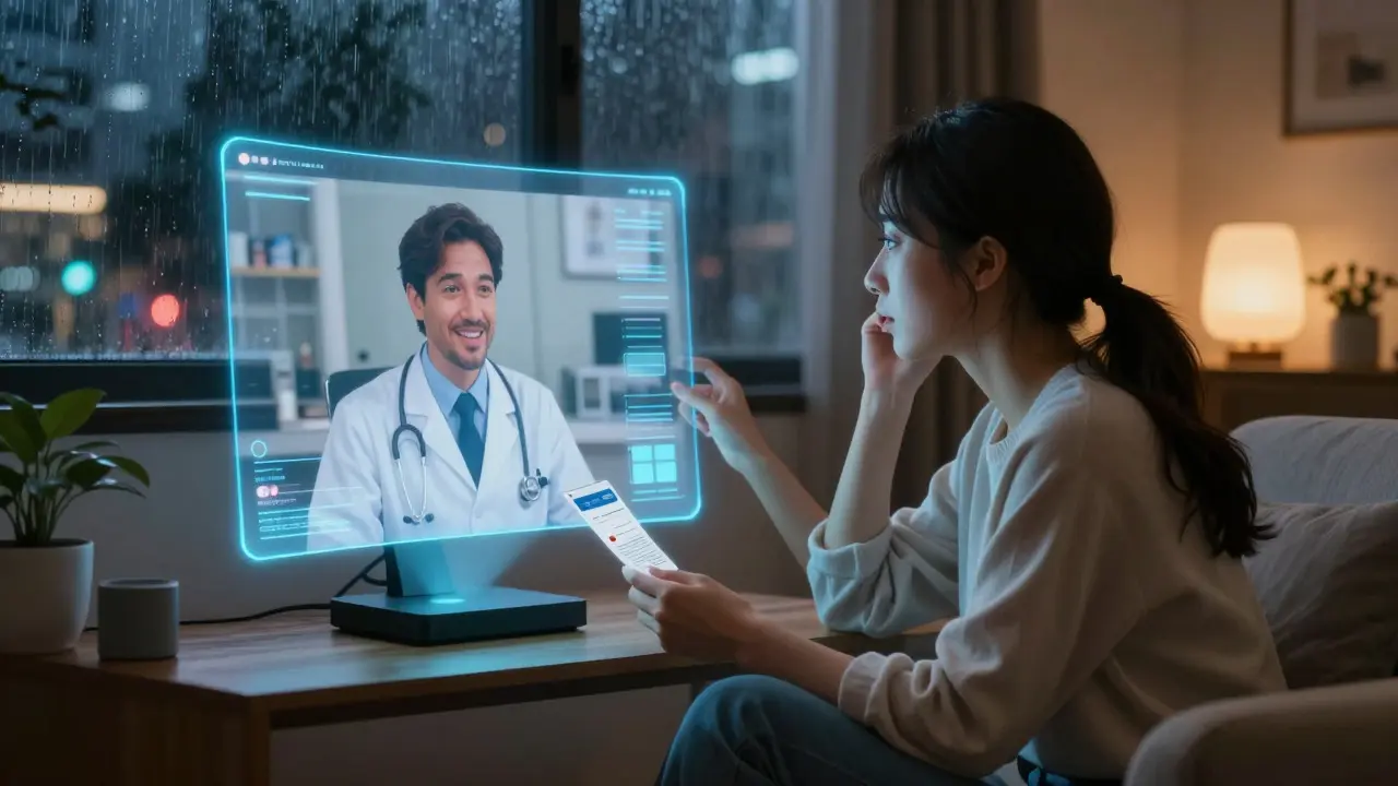 Woman having a telehealth video consultation in her living room