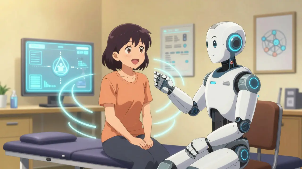 Woman receiving support from android therapist in warm room