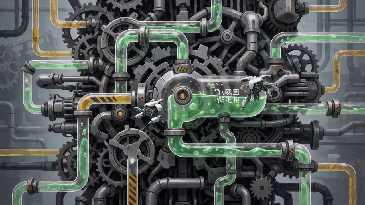 Complex mechanical gears illustrating copay accumulators and insurance barriers