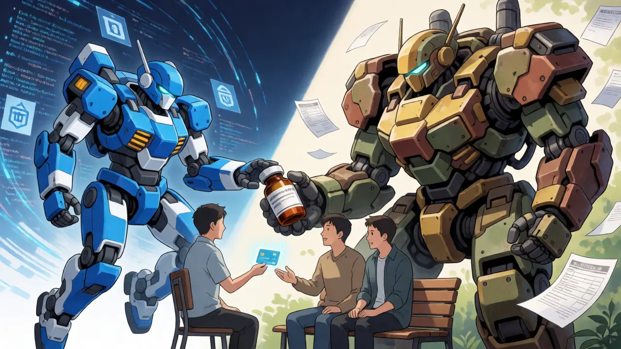 Two mecha suits representing copay cards and patient assistance programs